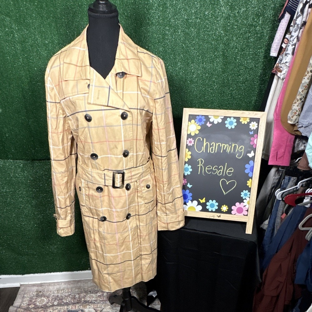 Crown & Ivy Women's Plaid Beige Belted Mid-Length Trench Coat Jacket Size L